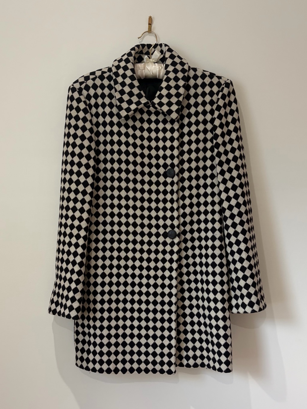Miss Sixty Black And White Diamond-Pattern Wool Pea Coat